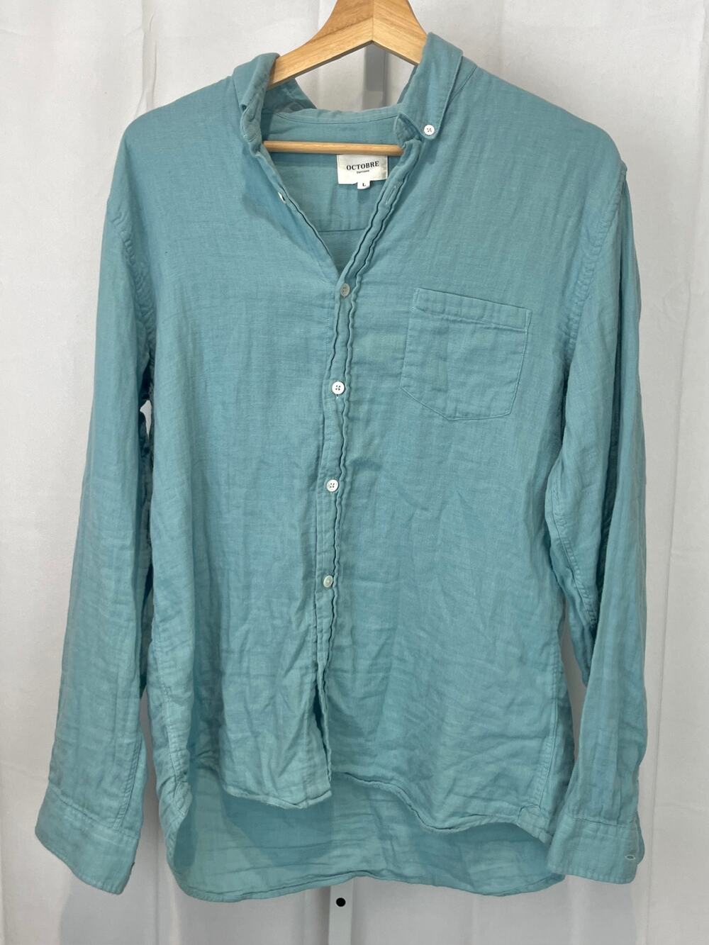 OCTOBRE Editions Long Sleeve Button Down Shirt Cotton Portugal Blue Green L